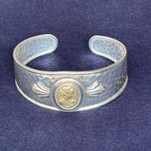 14k Gold and 925 Sterling Silver Hammered Cuff w/ Portrait Cameo